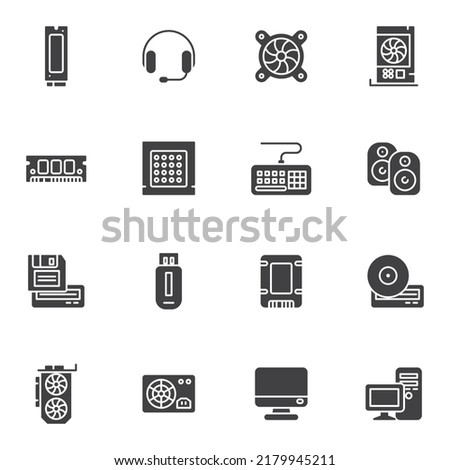 PC components vector icons set, modern solid symbol collection, computer hardware filled style pictogram pack. Signs logo illustration. Set includes icons as headphones, sound speaker, usb flash, disc