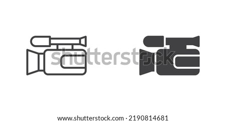 Video camera icon, line and glyph version, outline and filled vector sign. Camera with the microphone linear and full pictogram. Symbol, logo illustration. Different style icons set
