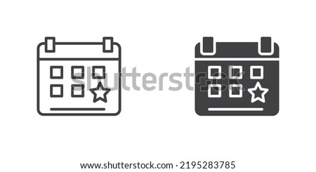 Party event calendar icon, line and glyph version, outline and filled vector sign. Calendar with star linear and full pictogram. Symbol, logo illustration. Different style icons set