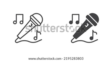Karaoke microphone icon, line and glyph version, outline and filled vector sign. Music note and microphone linear and full pictogram. Symbol, logo illustration. Different style icons set