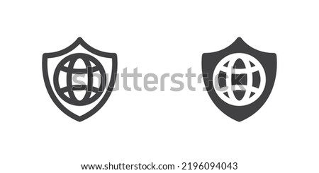 Shield and globe icon, line and glyph version, outline and filled vector sign. linear and full pictogram. Internet protection symbol, logo illustration. Different style icons set