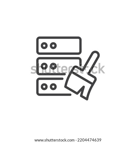 Data cleaning line icon. Database and brush linear style sign for mobile concept and web design. Data cleansing outline vector icon. Symbol, logo illustration. Vector graphics