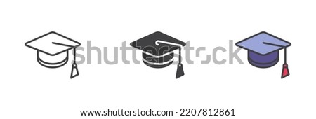Graduation cap different style icon set. Line, glyph and filled outline colorful version, outline and filled vector sign. Symbol, logo illustration. Vector graphics