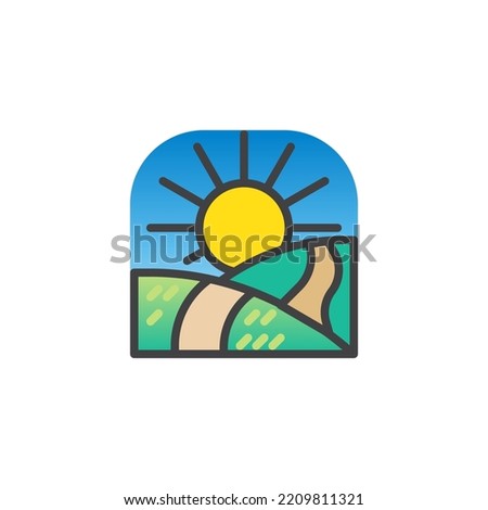 Grassland and sunrise filled outline icon, line vector sign, nature landscape linear colorful pictogram isolated on white. Symbol, logo illustration. Vector graphics