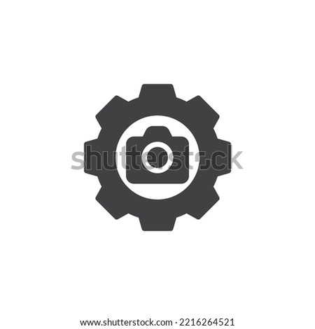 Camera settings vector icon. filled flat sign for mobile concept and web design. Setting gear with camera glyph icon. Symbol, logo illustration. Vector graphics