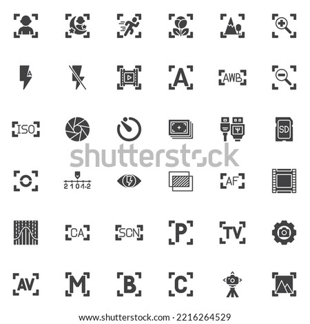 Camera settings vector icons set, modern solid symbol collection, filled style pictogram pack. Signs, logo illustration. Set includes icons as portrait mode, flash auto, aperture, iso, film fame