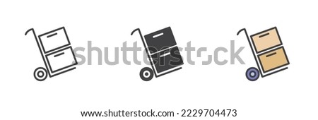 Hand truck delivery different style icon set. Line, glyph and filled outline colorful version, outline and filled vector sign. Hand truck, dolly Symbol, logo illustration. Vector graphics