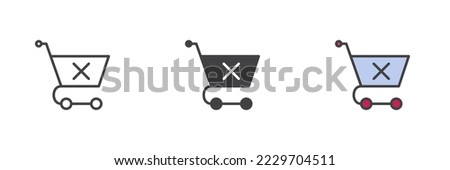 Shopping cart with x mark different style icon set. Line, glyph and filled outline colorful version, outline and filled vector sign. delete Purchase symbol, logo illustration. Vector graphics