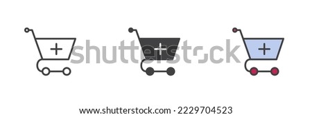 Add to cart different style icon set. Line, glyph and filled outline colorful version, outline and filled vector sign. Shopping cart plus symbol, logo illustration. Vector graphics