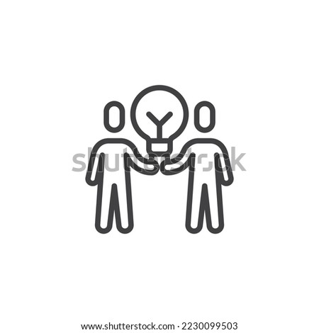 Two people holding lamp line icon. Creative thinking linear style sign for mobile concept and web design. Teamwork brainstorming outline vector icon. Symbol, logo illustration. Vector graphics