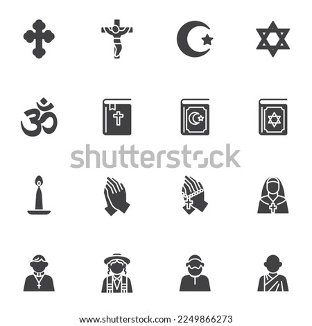 Religious symbols vector icons set, modern solid symbol collection, filled style pictogram pack. Signs, logo illustration. Set includes icons as holy bible and koran book, jewish star, crucifix cross