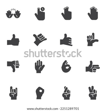 Hand gestures vector icons set, modern solid symbol collection, filled style pictogram pack. Signs, logo illustration. Set includes icons as two finger touch, thumb up, hand peace gesture