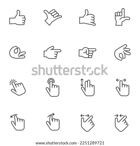 Hand gestures line icons set, outline vector symbol collection, linear style pictogram pack. Signs, logo illustration. Set includes icons as finger double tap, swipe right and left, thumb up gesture