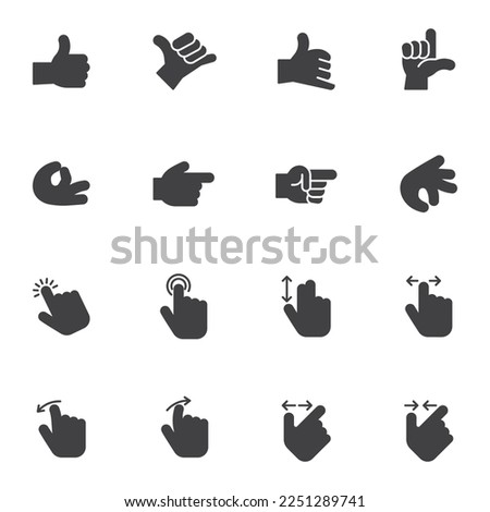 Hand gestures vector icons set, modern solid symbol collection, filled style pictogram pack. Signs, logo illustration. Set includes icons as finger double tap, swipe right and left, thumb up gesture