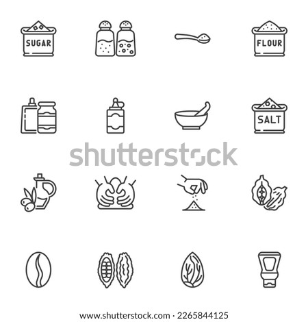 Spices, condiments line icons set, outline vector symbol collection, linear style pictogram pack. Signs, logo illustration. Set includes icons as salt and pepper shaker, mustard, ketchup, mayo, olive