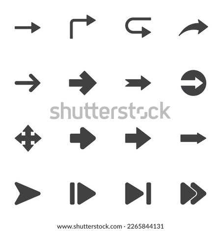 Universal arrows vector icons set, modern solid symbol collection, filled style pictogram pack. Signs, logo illustration. Set includes icons as play button, navigation cursor, arrow pointer, pause