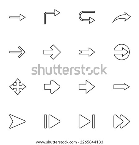 Universal arrows line icons set, outline vector symbol collection, linear style pictogram pack. Signs, logo illustration. Set includes icons as play button, navigation cursor, arrow pointer, pause