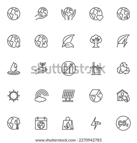 Happy Earth day line icons set. linear style symbols collection, outline signs pack. Ecology and environment vector graphics. Set includes icons as renewable energy, eco friendly, earth planet, solar 