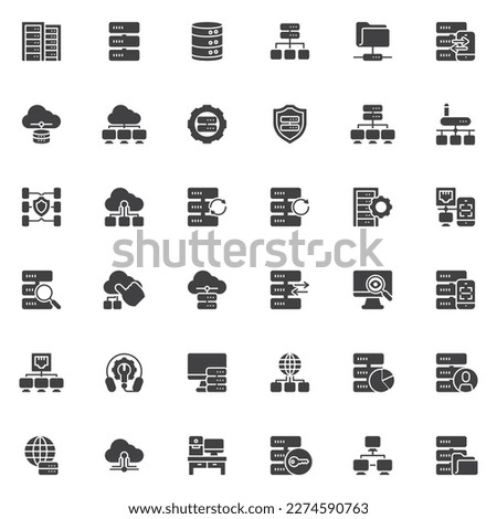 Database and network vector icons set, modern solid symbol collection, filled style pictogram pack. Signs, logo illustration. Set includes icons as web hosting, technical support, network connection