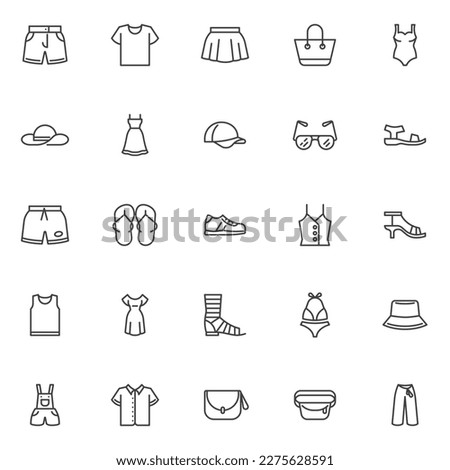 Summer clothes and accessories line icons set. linear style symbols collection, outline signs pack. Shoes and clothing vector graphics. Set includes icons as dress, hat, swimsuit, sundress, sunglasses
