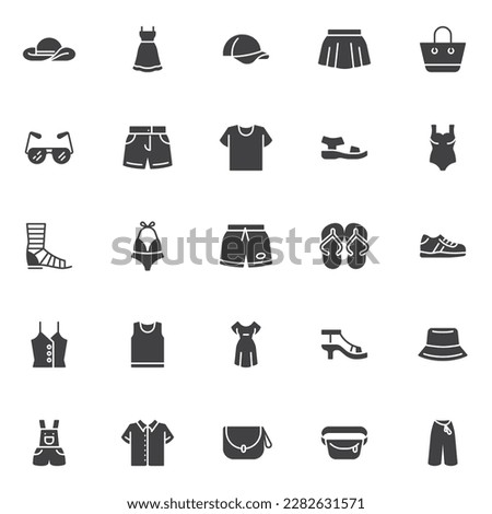 Summer clothes and accessories vector icons set, modern solid symbol collection, filled style pictogram pack. Signs, logo illustration. Set includes icons as dress, hat, swimsuit, sundress, sunglasses