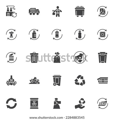 Zero waste vector icons set, modern solid symbol collection, filled style pictogram pack. Signs, logo illustration. Set includes icons as trash bin, recycling plant, plastic container, garbage sorting