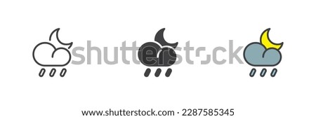 Cloud rain and moon different style icon set. Line, glyph and filled outline colorful version, outline and filled vector sign. Night weather Symbol, logo illustration. Vector graphics