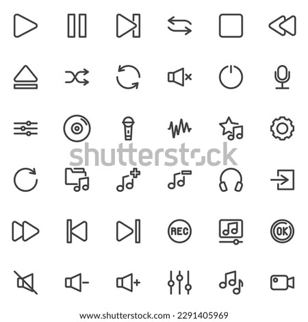 Audio and video UI line icons set. Music player interface linear style symbols collection, outline signs pack. Media control buttons vector graphics. Set includes icons as music playlist, video camera