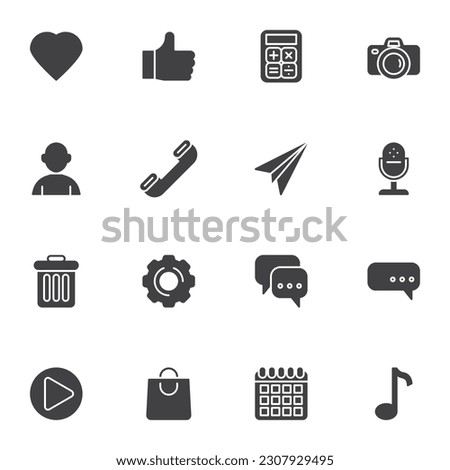 Mobile ui kit vector icons set, modern solid symbol collection, filled style pictogram pack. Signs, logo illustration. Set includes icons as camera, microphone, contact, calendar, shopping bag, music