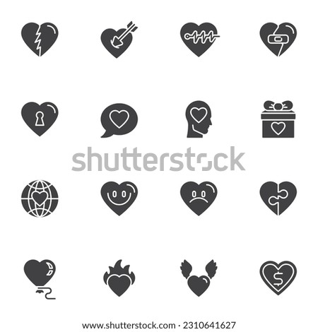 Heart vector icons set, modern solid symbol collection, filled style pictogram pack. Signs logo illustration. Set includes icons as heartbeat pulse, heart with arrow, love chat message, valentine gift