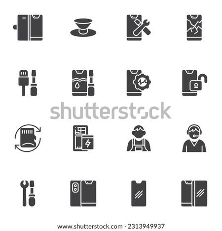 Mobile phone repair service vector icons set, modern solid symbol collection, filled style pictogram pack. Signs logo illustration. Set includes icons as smartphone diagnostic, protective glass change