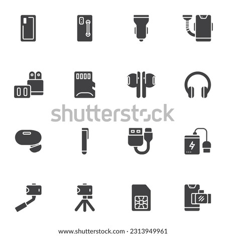 Mobile phone accessories vector icons set, modern solid symbol collection, filled style pictogram pack. Signs, logo illustration. Set includes icons as smartphone selfie stick, mobile charger, sd card