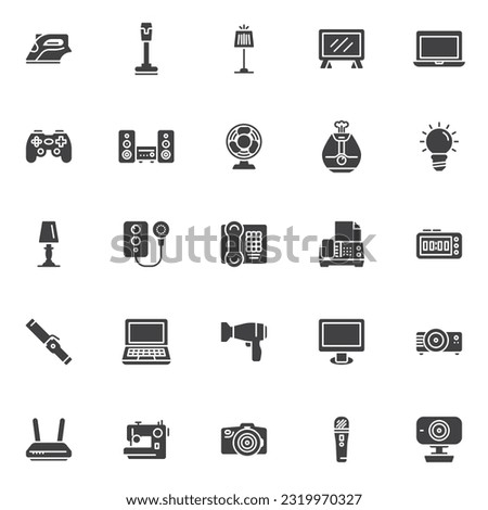 Home appliances vector icons set, modern solid symbol collection, filled style pictogram pack. Signs, logo illustration. Set includes icons as laptop, computer monitor, vacuum cleaner, gamepad, modem