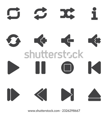 Multimedia player button vector icons set, modern solid symbol collection, filled style pictogram pack. Signs, logo illustration. Set includes icons as play and pause buttons, information, sound