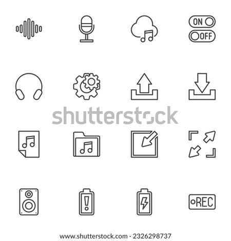 Media player button line icons set, outline vector symbol collection, linear style pictogram pack. Signs logo illustration. Set includes icons as music folder, sound wave, audio file, voice microphone