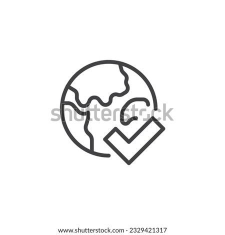 Globe and check mark line icon. linear style sign for mobile concept and web design. Global confirmation outline vector icon. Symbol, logo illustration. Vector graphics