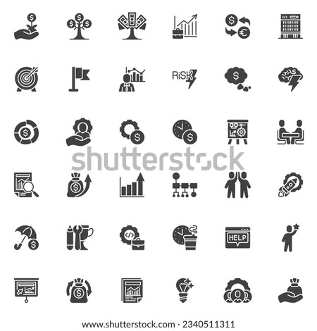 Business and finance vector icons set, modern solid symbol collection, filled style pictogram pack. Signs, logo illustration. Set includes icons as successful business, businessman, money growth