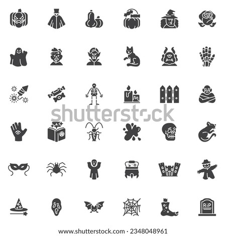 Halloween related vector icons set, modern solid symbol collection, filled style pictogram pack. Signs, logo illustration. Set includes icons as Pumpkins, Zombie, Vampire, Ghost, Spider web, Scarecrow