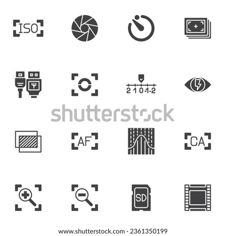 Camera setup guide vector icons set, modern solid symbol collection, filled style pictogram pack. Signs, logo illustration. Set includes icons as aperture, focus settings, flash mode, shutter speed