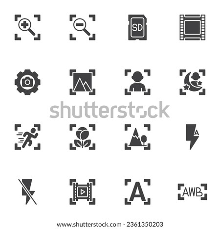 Camera settings guide vector icons set, modern solid symbol collection, filled style pictogram pack. Signs, logo illustration. Set includes icons as white balance, portrait mode, macro function, flash