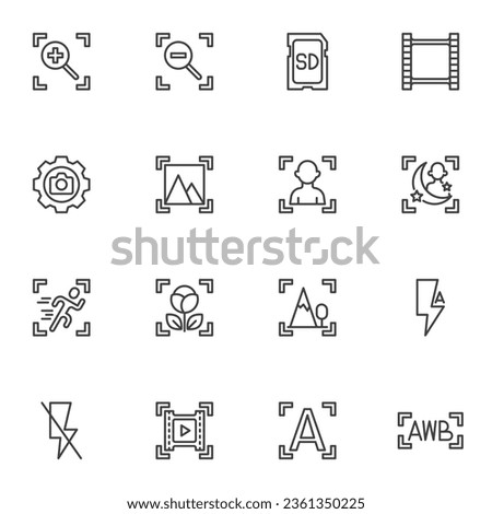 Camera settings guide line icons set, outline vector symbol collection, linear style pictogram pack. Signs, logo illustration. Set includes icons as white balance, portrait mode, macro function, flash