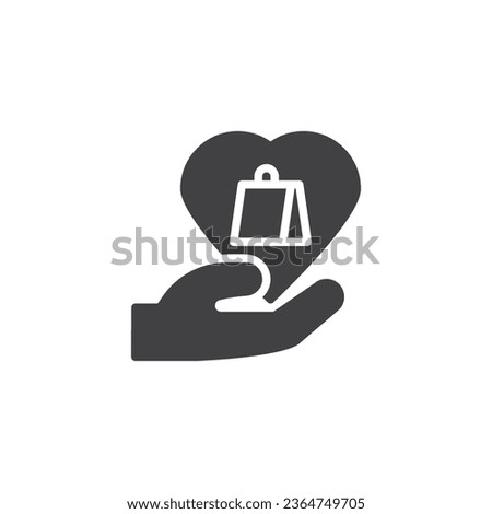 Retail Therapy vector icon. filled flat sign for mobile concept and web design. Hand with shopping bag and heart glyph icon. Symbol, logo illustration. Vector graphics