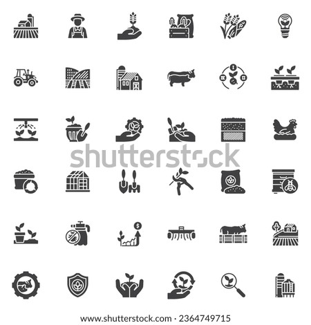Agriculture and farming vector icons set, modern solid symbol collection, filled style pictogram pack. Signs, logo illustration. Set includes icons as Beekeeping, Horticulture, Harvest, Livestock
