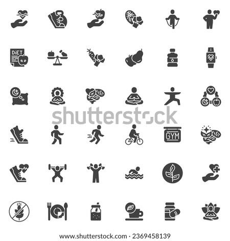 Healthy lifestyle vector icons set, modern solid symbol collection, filled style pictogram pack. Signs, logo illustration. Set includes icon as fitness, nutrition, diet food, yoga meditation, wellness