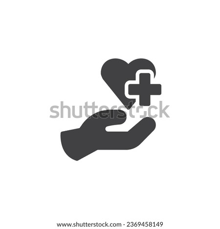Heart health vector icon. filled flat sign for mobile concept and web design. Hand and heart with medical cross glyph icon. Symbol, logo illustration. Vector graphics