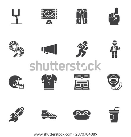 American football vector icons set, modern solid symbol collection, filled style pictogram pack. Signs, logo illustration. Set includes icons as game play strategy, football player, referee, helmet