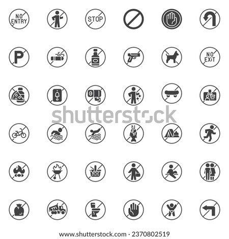 Prohibition signs vector icons set, modern solid symbol collection, filled style pictogram pack. Signs, logo illustration. Set includes icons as Forbidden, Restricted Area, Stop, No Parking allowed