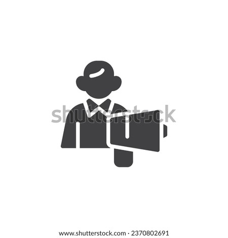 Advertiser person vector icon. Man with megaphone filled flat sign for mobile concept and web design. Advertising and promotion glyph icon. Symbol, logo illustration. Vector graphics