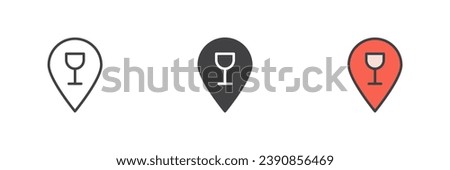 Bar location different style icon set. Line, glyph and filled outline colorful version, outline and filled vector sign. Map pin with wine glass symbol, logo illustration. Vector graphics