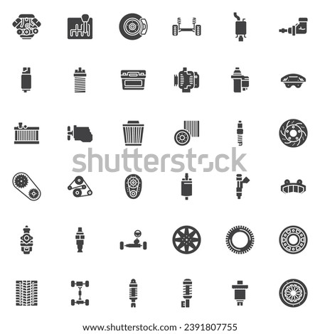 Car parts vector icons set, modern solid symbol collection, filled style pictogram pack. Signs, logo illustration. Set includes icons as car engine repair, wheel tyre, brake system, clutch, air filter